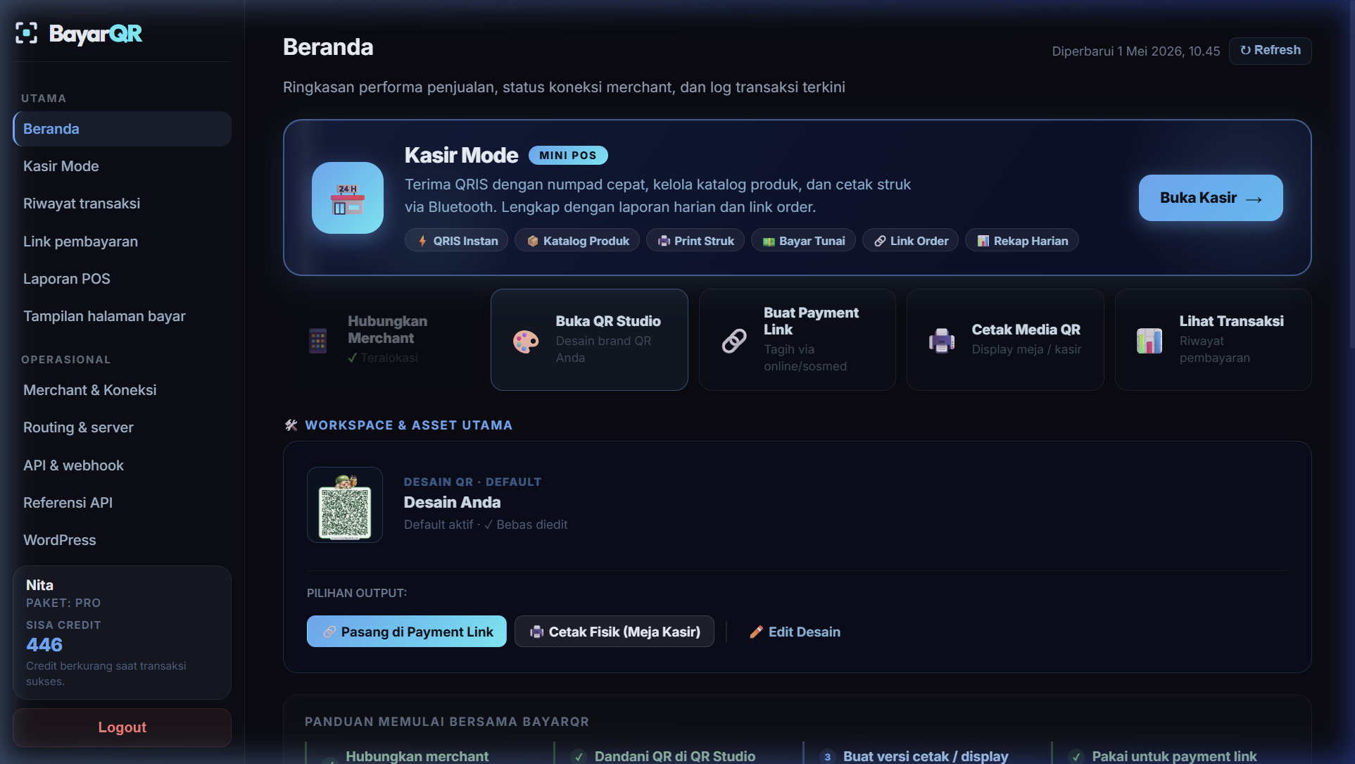 Dashboard Beranda BayarQR — Kasir QRIS, Payment Link, QR Studio